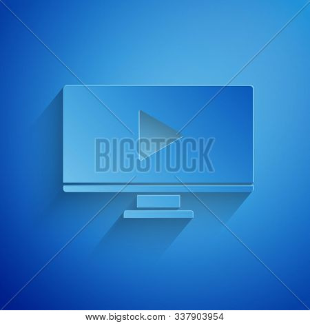 Paper Cut Online Play Video Icon Isolated On Blue Background. Computer Monitor And Film Strip With P