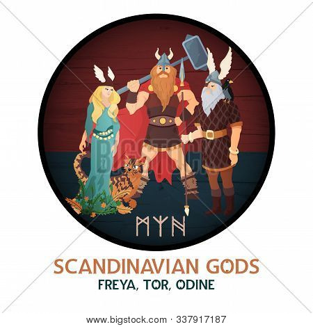 Viking Gods Composition Of Circle Image With Ancient Scandinavian Characters And Editable Text With 