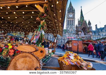 Manchester, United Kingdom - November 29, 2019: Christmas Markets In Albert Square Near The Town Hal