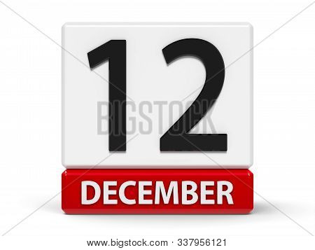 Red And White Calendar Icon From Cubes - The Twelfth Of December - On A White Table - International 