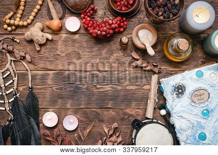 Witch Doctor Or Shaman Table Flat Lay Background. Magic Book On The Witch Desk.