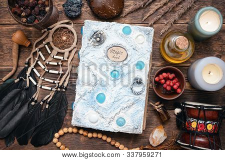 Witch Doctor Or Shaman Table Flat Lay Background. Magic Book On The Witch Desk.