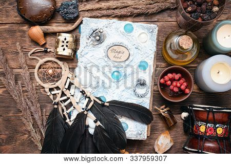 Witch Doctor Or Shaman Table Flat Lay Background. Magic Book On The Witch Desk.