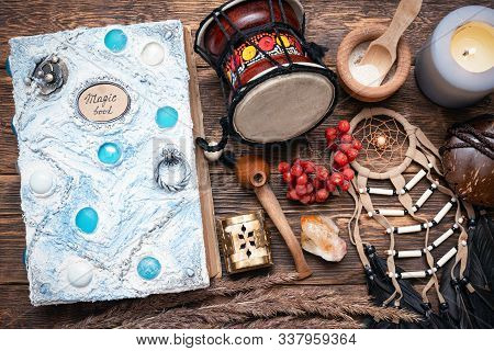 Witch Doctor Or Shaman Table Flat Lay Background. Magic Book On The Witch Desk.