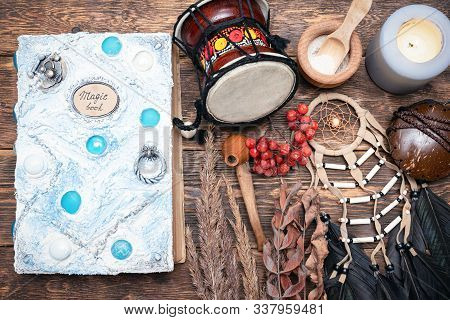 Witch Doctor Or Shaman Table Flat Lay Background. Magic Book On The Witch Desk.