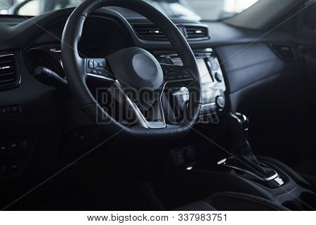 Steering Wheel. Front Part Of The New Expensive Modern Car That Captured Inside.