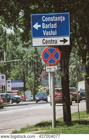 Iasi, Romania, 7th June 2021: A Road Sign Inside The City For Constanta, Vaslui