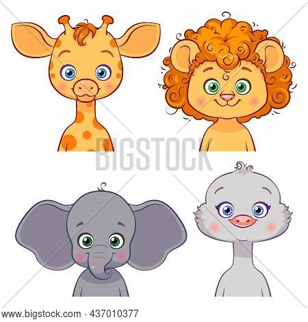 Set Of Animal Kids On The White Background. Vector Collection With African Fauna: Giraffe, Lion, Ele