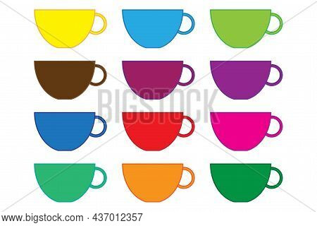 Color Cups Icon Set. Hot Drink. Doodle Cartoon Style. Flat Picture. Cafe Symbol. .vector Illustratio