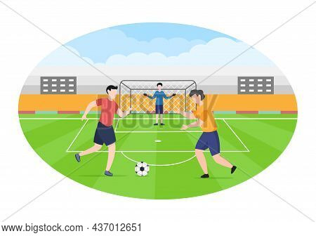 Playing Football With Boys Play Soccer Wear Sports Uniform Various Movements Such As Kicking, Holdin