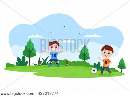 Playing Football With Boys Play Soccer Wear Sports Uniform Various Movements Such As Kicking, Holdin
