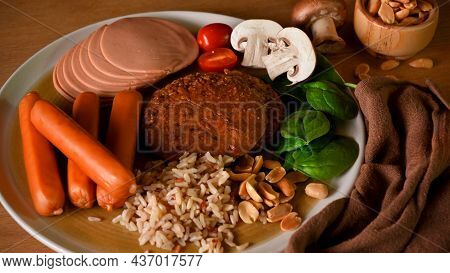 Healthy And Dietary Food, Vegan Burger Meat, Sausage And Ham With Hight Fibre Vegetables.