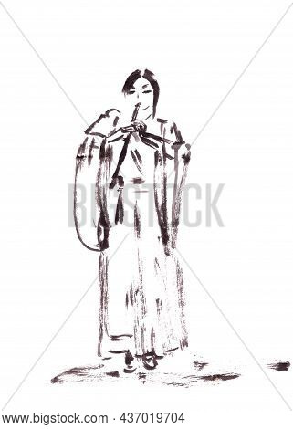 Girl Musician In Chinese Hanfu Playing Xiao Flute, Ink Drawing In Chinese Style