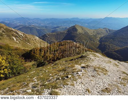 Autumn Season With Colorful Leaves In The Park Of Monte Cucco, Umbria, Italy