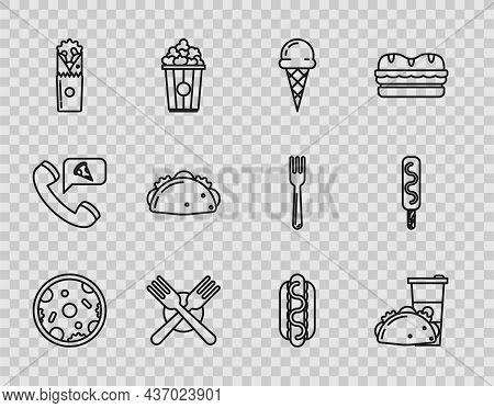 Set Line Pizza, Paper Glass And Taco With Tortilla, Ice Cream In Waffle Cone, Crossed Fork, Doner Ke