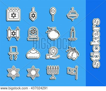 Set Line Flag Of Israel, Olives Branch, Burning Candle In Candlestick, Balloons With Ribbon With Sta