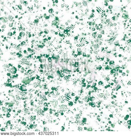 Аbstract New Year Сhristmas Background With White Coniferous Twigs And Snowflakes On Dark
Green Back