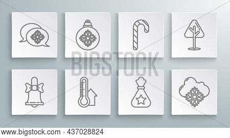 Set Line Merry Christmas Ringing Bell, Ball, Meteorology Thermometer Measuring, Santa Claus Bag Gift