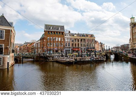 Leiden, Netherlands, April 3, 2018 - Cityscape Of Leiden, The Netherlands. View Of New Rhine River A