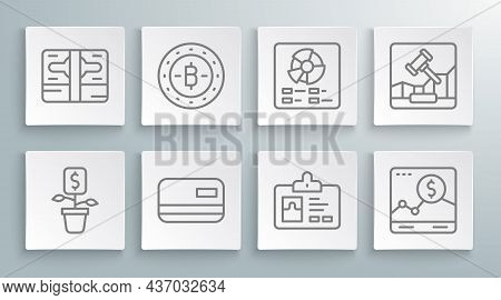 Set Line Dollar Plant, Bitcoin, Credit Card, Identification Badge, Website With Growth Graph, Pie Ch
