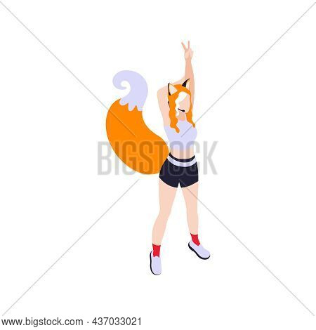 Kpop Singer Isometric 3d Icon With Girl Performing In Costume Of Fox Vector Illustration
