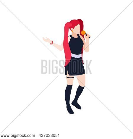 Kpop Singer Isometric Icon Of Girl With Long Bright Hair Singing Vector Illustration