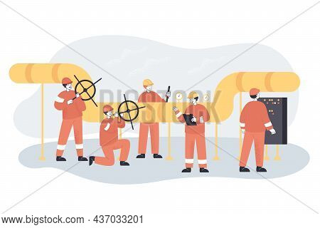 People In Uniform Carrying Out Control And Checking Leaks And Pressure. Oil Or Gas Pipeline Service 