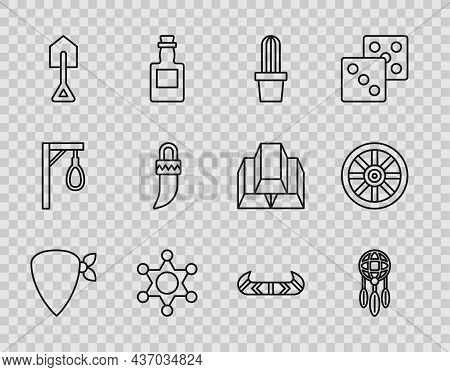 Set Line Cowboy Bandana, Dream Catcher With Feathers, Cactus Peyote In Pot, Hexagram Sheriff, Shovel