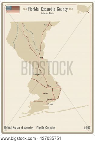 Map On An Old Playing Card Of Escambia County In Florida, Usa.