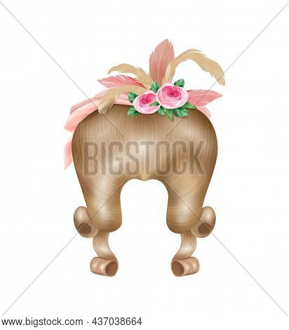 Realistic Rococo Women Wig Vintage Composition With Isolated Image Of Fleecy Hair With Flowers And F