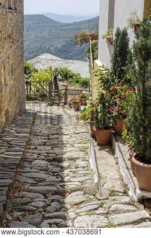 View Of The Mountains Village Of Saint Laurentius (pelion) With Traditional Houses On A Sunny, Summe