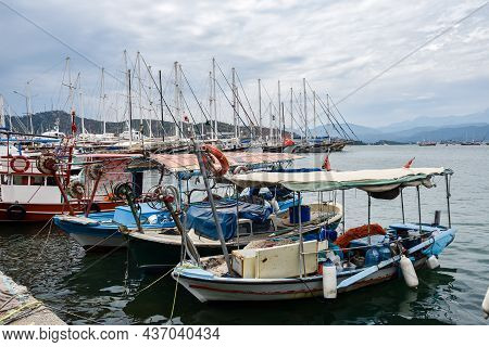 Yachts And Boats In The Harbor, Fethie, Turkey. The Promenade Of The City Of Fethiye, Boats Are At B
