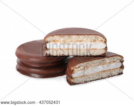 Delicious Choco Pies On White Background. Classic Snack Cakes