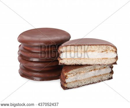 Delicious Choco Pies On White Background. Classic Snack Cakes