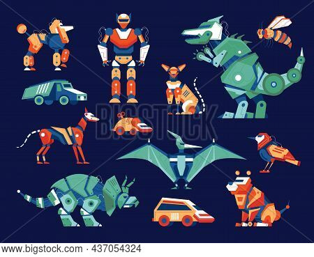Robot Toy Set With Isolated Colorful Images Of Cars Insects Wild And Domestic Animals Shaped Droids 
