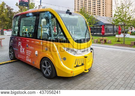 Adelaide, South Australia - October 19, 2019: Navya Driverless Ev Shuttle Bus Charging On Victoria S