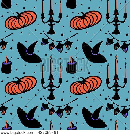 Seamless Vector Pattern In Autumn Colors With Halloween Elements Such As Witches Hat, Candles, Pumpk