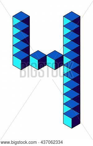 Blue Number 4 From Cubes Isolated On White Background. Pixel, 8 Bit, Isometric Style. Vector Illustr
