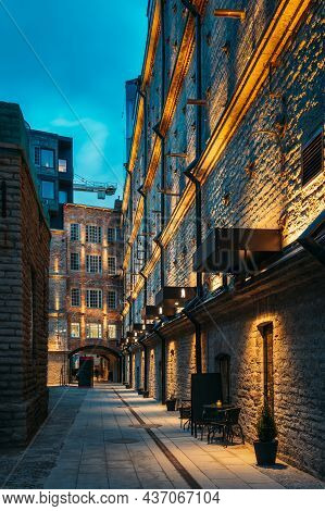 Tallinn, Estonia. Historical Rotermann City Quarter In Evening Illuminations. Rotermann Quarter Incl