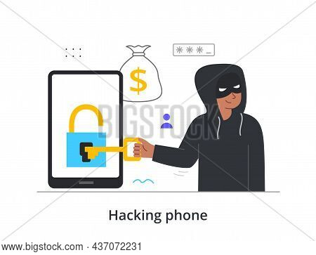 Hacking Smartphone Concept. Cyber Criminal Picks Up Password To Phone And Opens Lock With Key. Man S