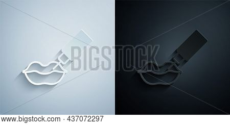 Paper Cut Lip Augmentation Icon Isolated On Grey And Black Background. Hyaluronic Acid Lips Injectio