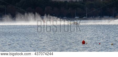 Sport. Motor Boat Races. Speed, Water Sports. Competition On The Water On A Sunny Day