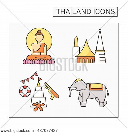 Thailand Color Icons Set. Buddha Statue, Bangkok, Songkran, Elephant. Traditional Culture Things. Co