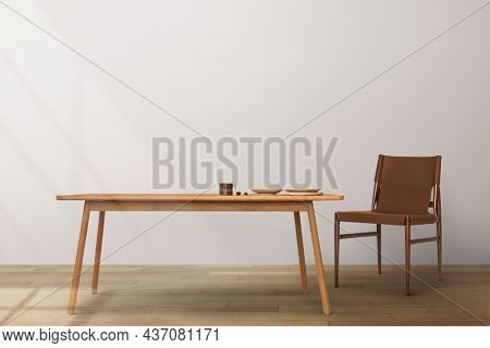 Japandi dining room interior design with wooden table