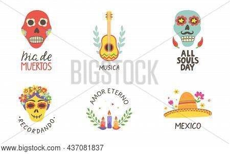 Day Of The Dead Cards Set. Dia De Muertos Hand Lettering With Skull Print. Mexico Icon With Sombrero