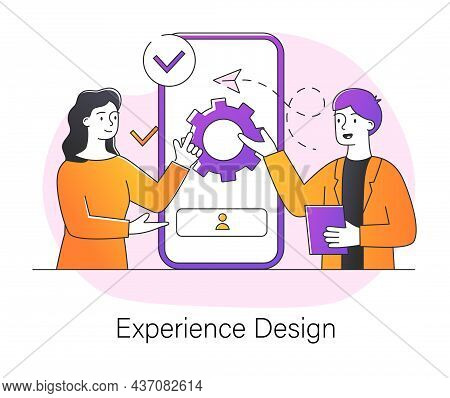 Experience Design. Man And Woman Stand Next To Large Smartphone And Configure Interface Based On Use