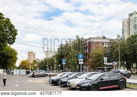Moscow, Russia - August 24, 2021: Car Parking On Sidewalk Of Zoya And Alexander Kosmodemyanskikh Str