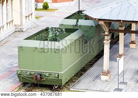 Moscow, Russia - September 29, 2021: Above View Of Machine Gun In Armored Train Car In Museum Indust