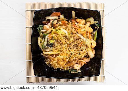 Top View Of Portion Of Mien Xao Vietnamese Wok Stir-fried Glass Noodles With Vegatables And Prawns I