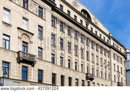 Brown Acade Of Old Apartment Building On Solyanka 1/2 Street In Moscow City On Sunny Day. Former Pro